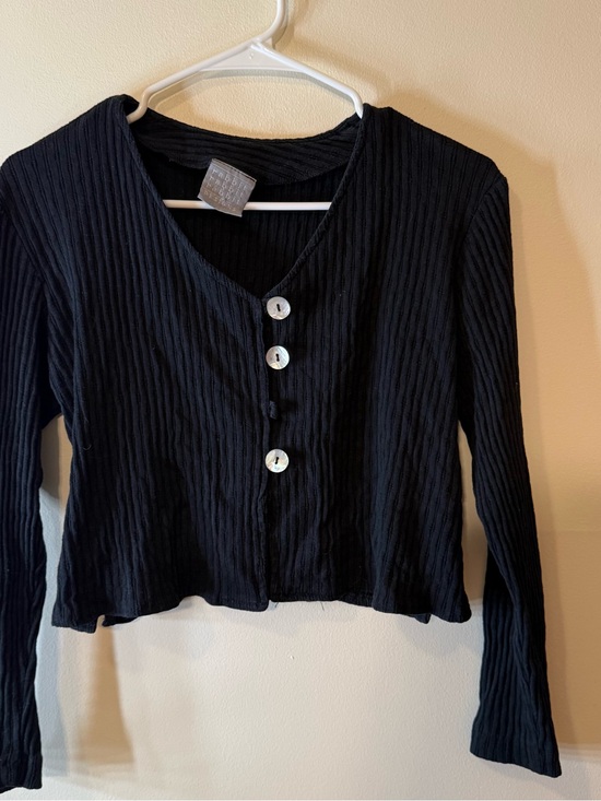 Rabbit Rabbit Rabbit Tops - Rabbit Rabbit Rabbit Black Ribbed Button-Front Crop Top with White Buttons